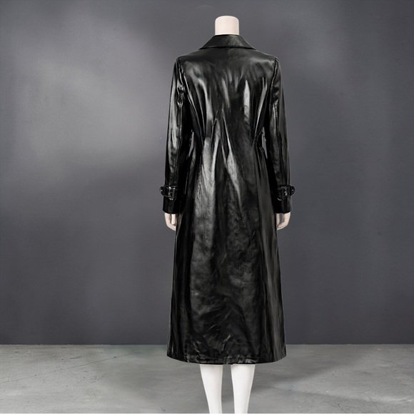 Long Black Faux Leather Trench Coat - Women's Coat - Picture 8 of 12
